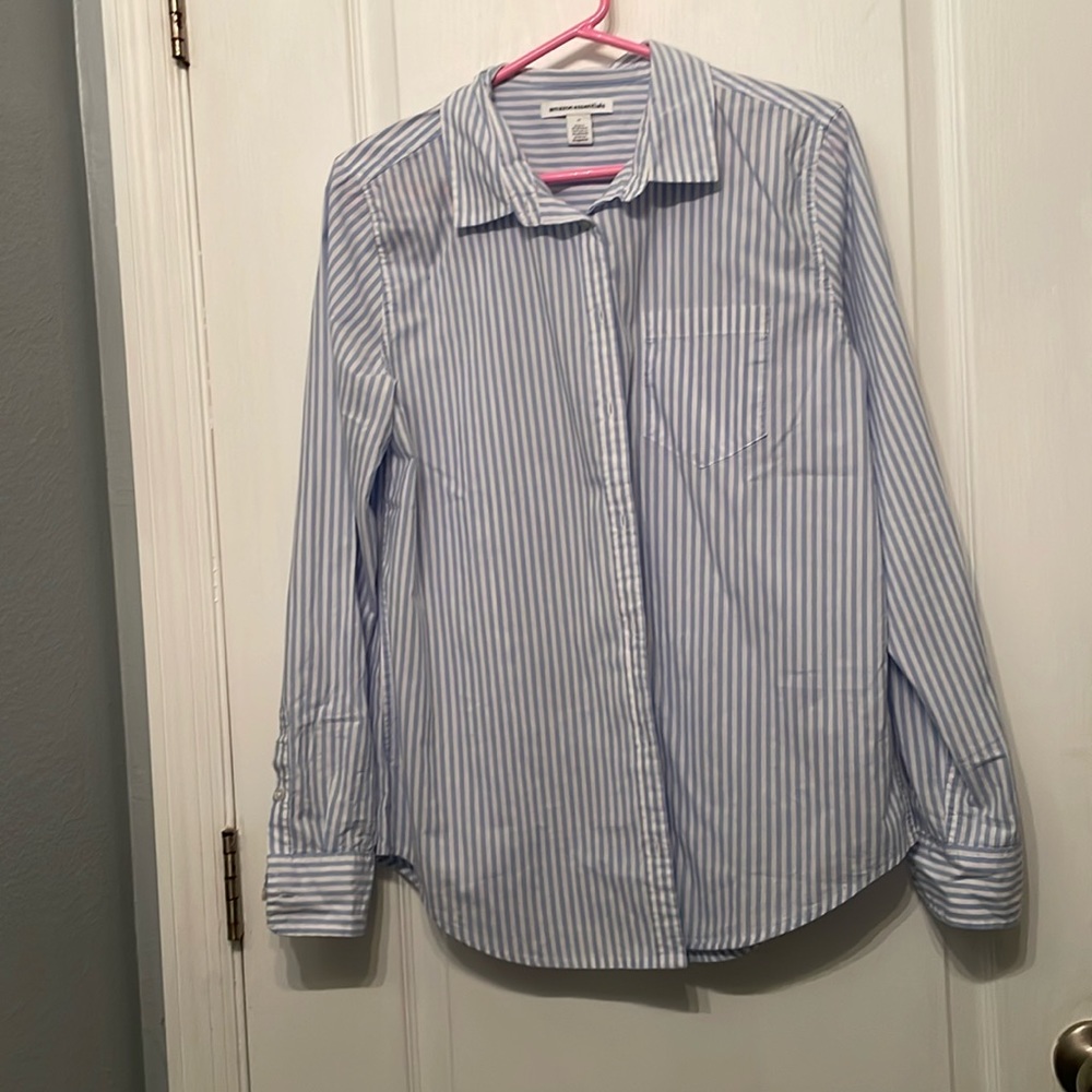 Blue and white striped button down shirt size M